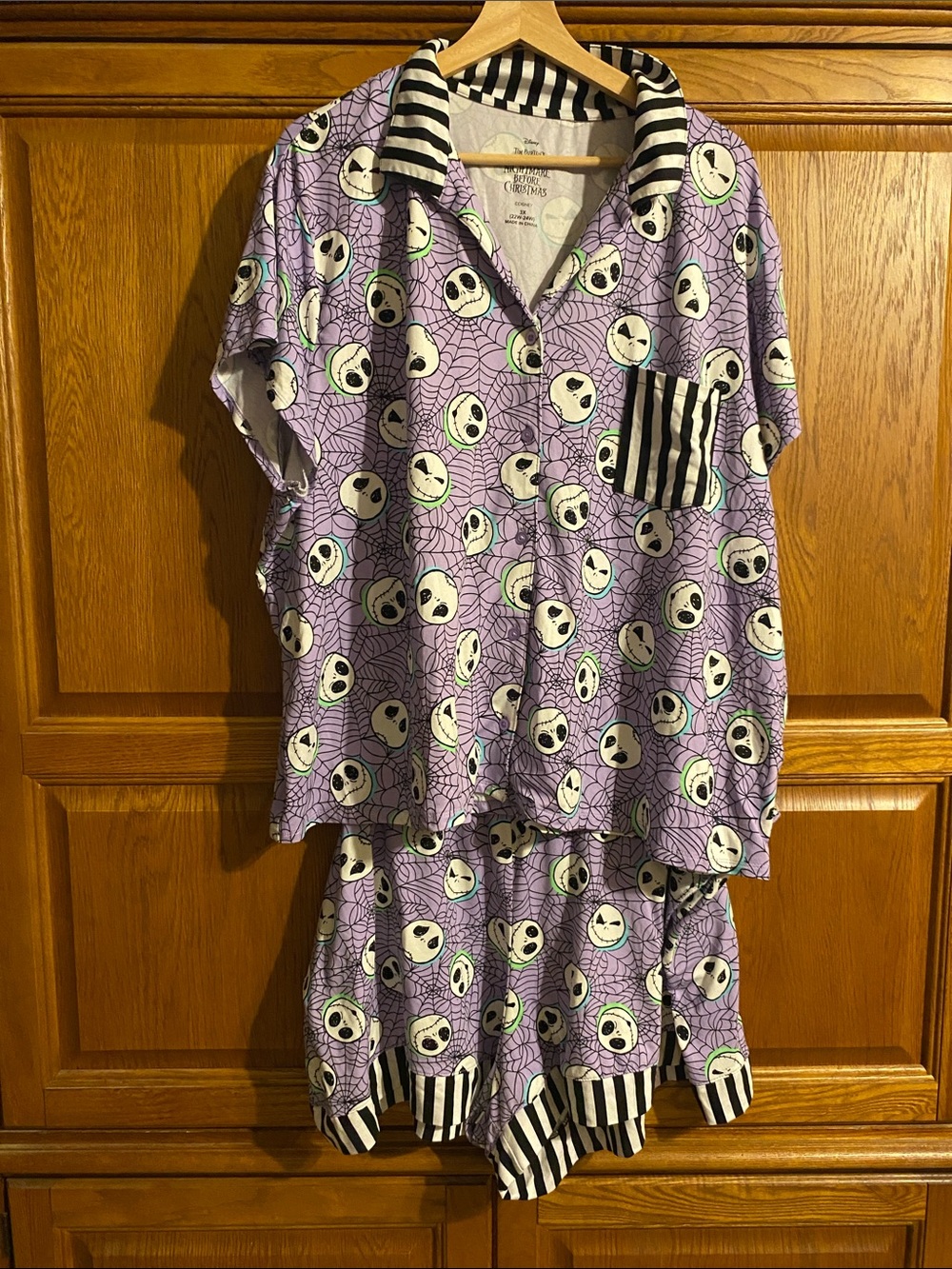 Disney Purple Jack Skellington Short Pajama Set with Black & White Stripes